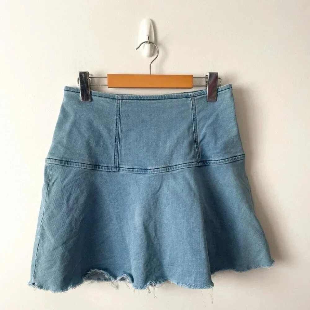 Free People Highlands A-line Blue Denim Fringe Flounce Mini Skirt Size 0